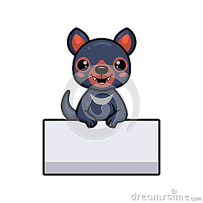 Cute little tasmanian devil cartoon with blank sign Vector Illustration