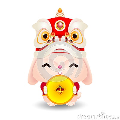 2023 Chinese new year, little rabbit with lion dance holding coins of gold, year of the rabbit zodiac of Animal lucks Vector Illustration