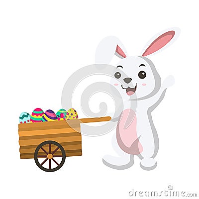 Cute little white bunny with cart of Easter egg Vector Illustration