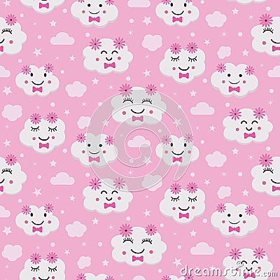 Cute little white clouds seamless pattern with flowers and bow tie on plush pink background Vector Illustration