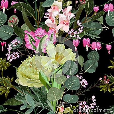 Floral Seamless Pattern with peony, tulip flowers and eucalyptus leaves. Stock Photo