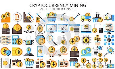 Cryptocurrency mining multi color icon set Vector Illustration