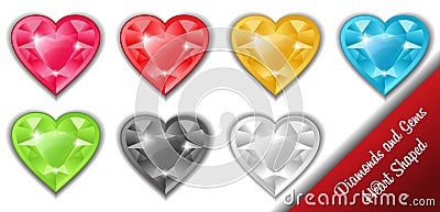 Set of multi colored heart cut diamonds realistic gems, pink, red, yellow gems and black diamond jewels shiny gem Design elements Vector Illustration