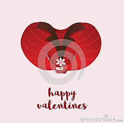 Valentines Day Card, poster. Heart shaped men`s body in red striped sweatshirt, jacket with flower in hand. Vector Illustration