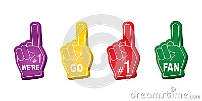 Fan foam fingers set. Hands up with glove with number one Vector Illustration