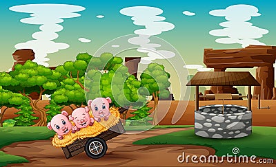 Cartoon three cute pigs playing on hay in the cart Vector Illustration