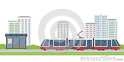 Modern tram, tram station and city buildings isolated on white background. Concept of public transport. Vector Illustration