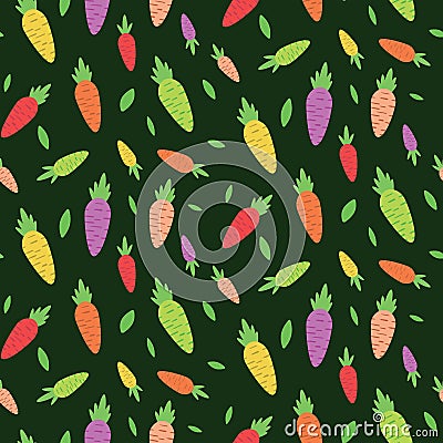 Beautiful colorful carrots seamless pattern in orange, yellow, green and purple on dark green background. Vector Illustration