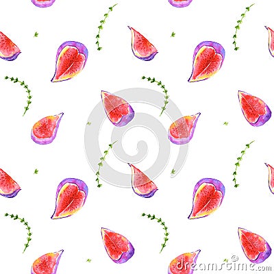 Watercolor fresh fruit figs and thyme herbs seamless pattern. Hand drawn mage for fabric, textile, fashion, packaging , wallpaper Stock Photo