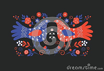 Vector illustration with two bright birds and flowers on a black background Vector Illustration