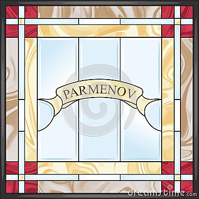 Stained glass with a place for a family name. Square frame. Colorful stained glass window in classic style. Vector Vector Illustration