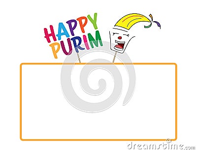 Happy Purim greeting, laughing clown face and blank Orange frame Vector Illustration