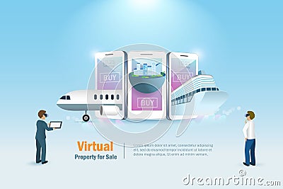 Metaverse virtual land, real estate and property for sale. Businessman buy virtual luxury airplane, cruise ship and buildings on s Stock Photo