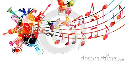 Love and passion for music background. Human heart with colorful musical notes and instruments poster for live concert events, mus Vector Illustration