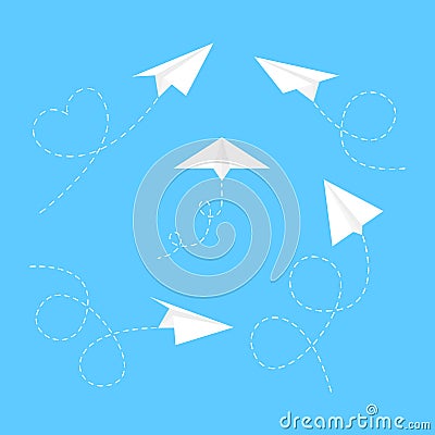 Paper white airplanes with line dotted route set. Stock Photo