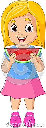 Cartoon little girl eating watermelon slice Vector Illustration