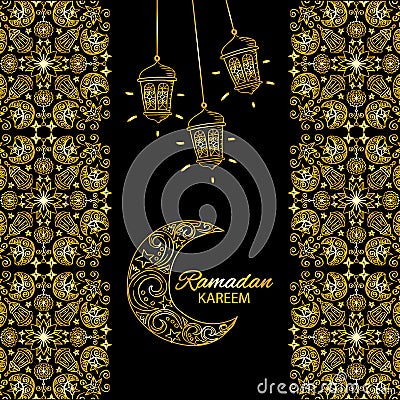 Ramadan Kareem with gold moon decorative. Muslim holy month Ramadan celebration. Vector Illustration