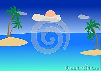 Tropical beach, vector illustration background wiht sun of cloudy Cartoon Illustration