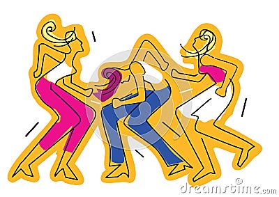 Three dancing girls, wild crazy dance party, line art. Vector Illustration