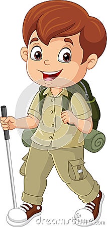 Cartoon explorer boy with walking stick Vector Illustration