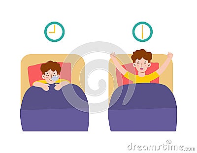 Happy man wake up on the stretching bed. and sleeping. good morning and good night. People healthy lifestyle concept. flat style Vector Illustration