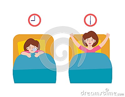 Happy woman wake up on the stretching bed. and sleeping. good morning and good night. People healthy lifestyle concept. flat style Vector Illustration