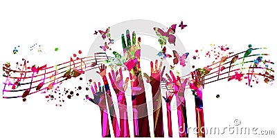 Musical background with colorful musical notes and hands vector illustration design. Artistic music festivals and shows poster, l Vector Illustration