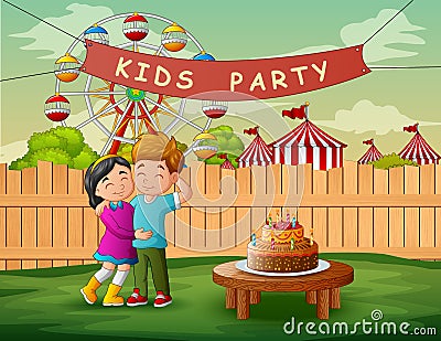 Young couple celebrating a party in the yard Vector Illustration