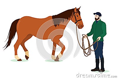 Vector illustration on the theme of equestrian sports. A man holds a horse on a leash. Vector Illustration