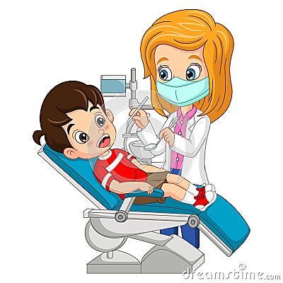 Doctor dentist cartoon checking boy teeth Vector Illustration