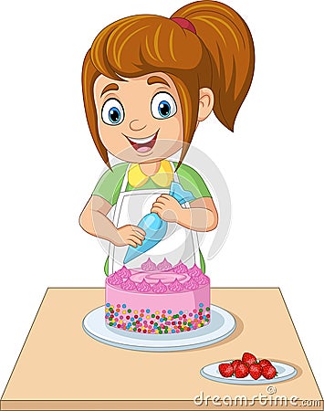 Cartoon girl decorating a birthday cake Vector Illustration