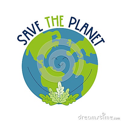 Save the Planet - cute smiley Planet Earth with leaves Vector Illustration