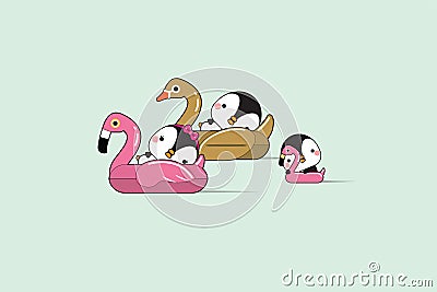 Relaxing cute penguins couple floating in flamingo and swan inflatable swimming pool toy on sea shore at sunny summer day Vector Illustration