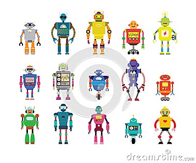 Set Of different cartoon robots characters ,spaceman cyborg isolated on white background Vector Illustration