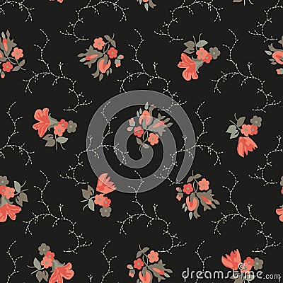 black background Embroidery all over floral seamless vector pattern Vector Illustration
