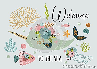 Beautiful marine poster with narwhal, jellyfish, fish Vector Illustration