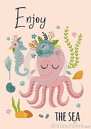 Beautiful marine poster with octopus, sea horse Vector Illustration