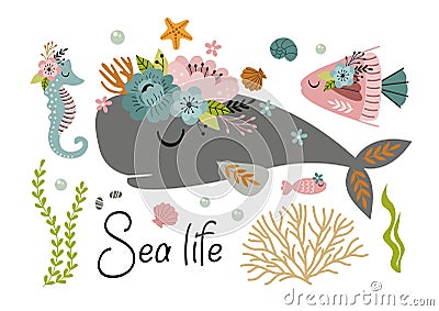 Beautiful marine poster with sperm whale, sea horse ,fish Vector Illustration