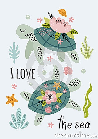 Beautiful marine poster with turtles Vector Illustration