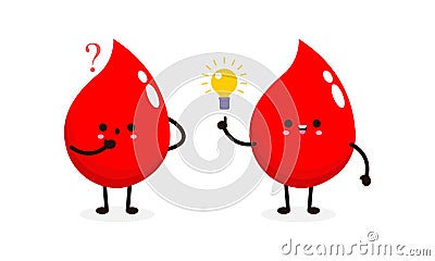 Funny cartoon Cute happy smiling blood drop with question mark and idea, World Blood Donor Day, healthy concept, icon comic Vector Illustration