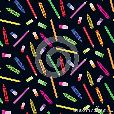 Cute colorful crayons, pencils and erasers seamless pattern on black background. Vector Illustration