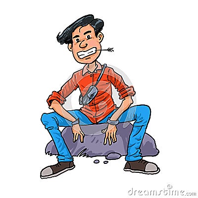 Smiling man while he sits down on the big stone Vector Illustration