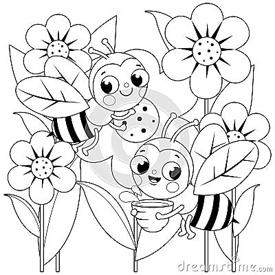 Bees flying around flowers. Vector black and white coloring page Vector Illustration