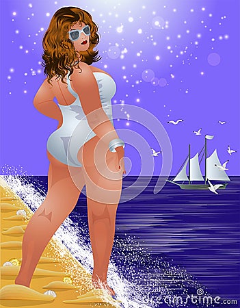 Plus size sexual woman on the beach, summer time background Vector Illustration