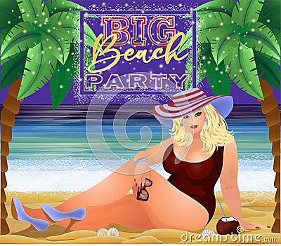 Big beach party card. Plus size sexual woman on the beach Vector Illustration