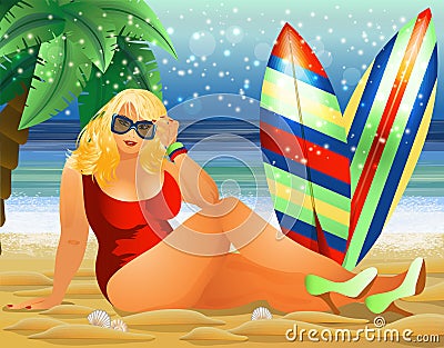 Plus size sexual woman with surfboards on the beach, summer time card Vector Illustration