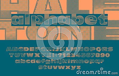 Halftone alphabet font. Damaged uppercase and lowercase letters, numbers and symbols. Vector Illustration