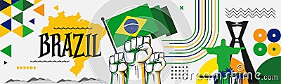 Brazil national day design with Brazilian flag, map and Rio landmarks. Abstract modern green yellow theme. Vector Illustration