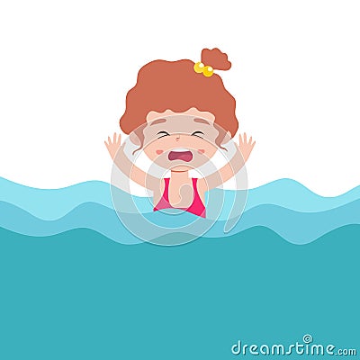 Cute kid drowning in water, is shocked. children raising hand up for needing help isolated on background cartoon flat vector Vector Illustration
