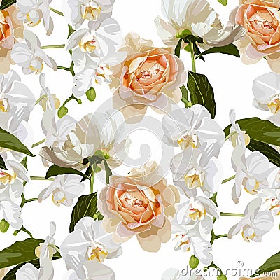 Beautiful floral seamless pattern with hydrangea white flowers, orchids, roses and leaves. Stock Photo